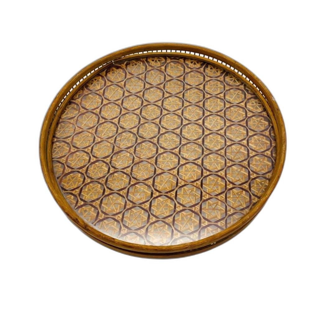 Vintage 1970s Bamboo & Glass Serving Tray, Boho / Retro Decor